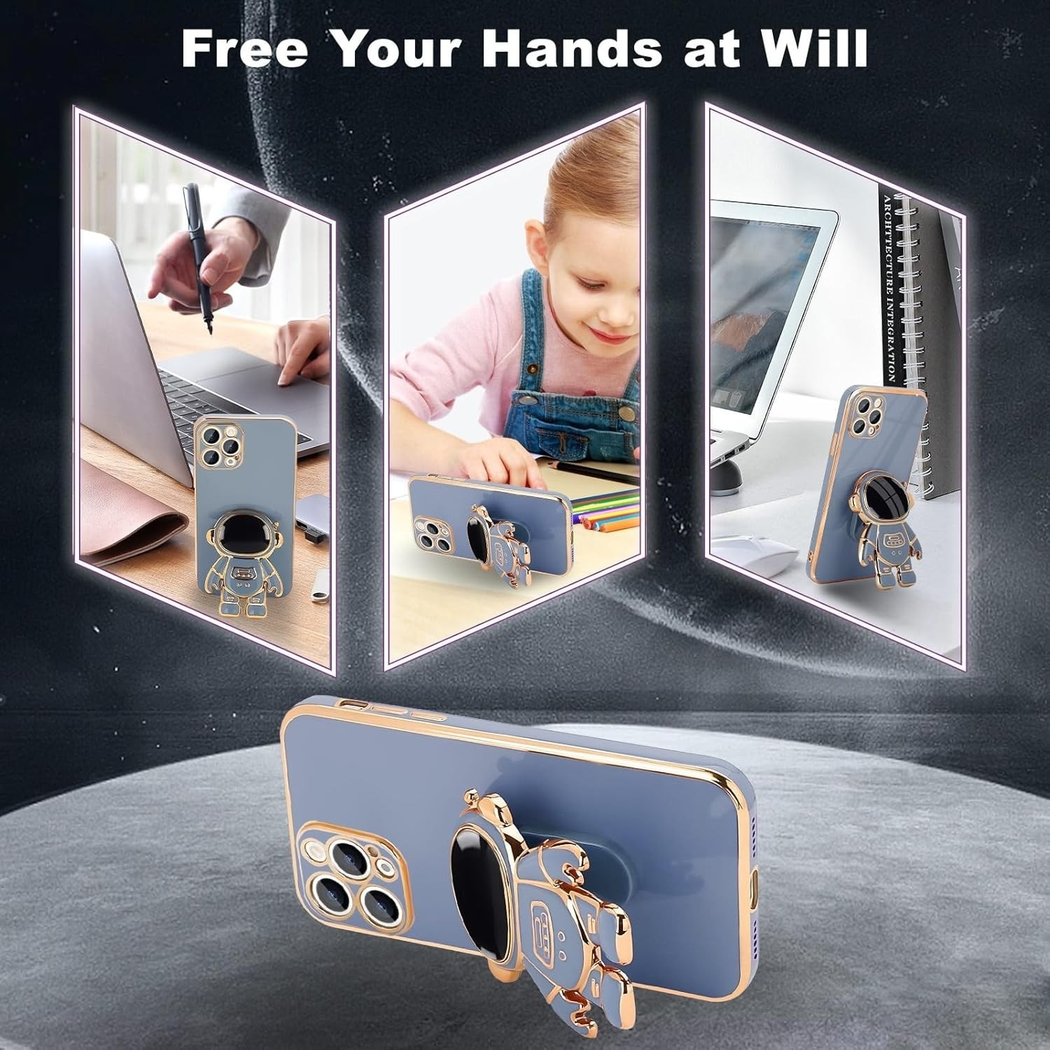 Husa de Protectie TPU 2in1, Flippy, pentru Apple iPhone 14 Pro, Astronaut cu Suport, Antisoc, Rezistenta la Impact, Protectie Camera, Albastru