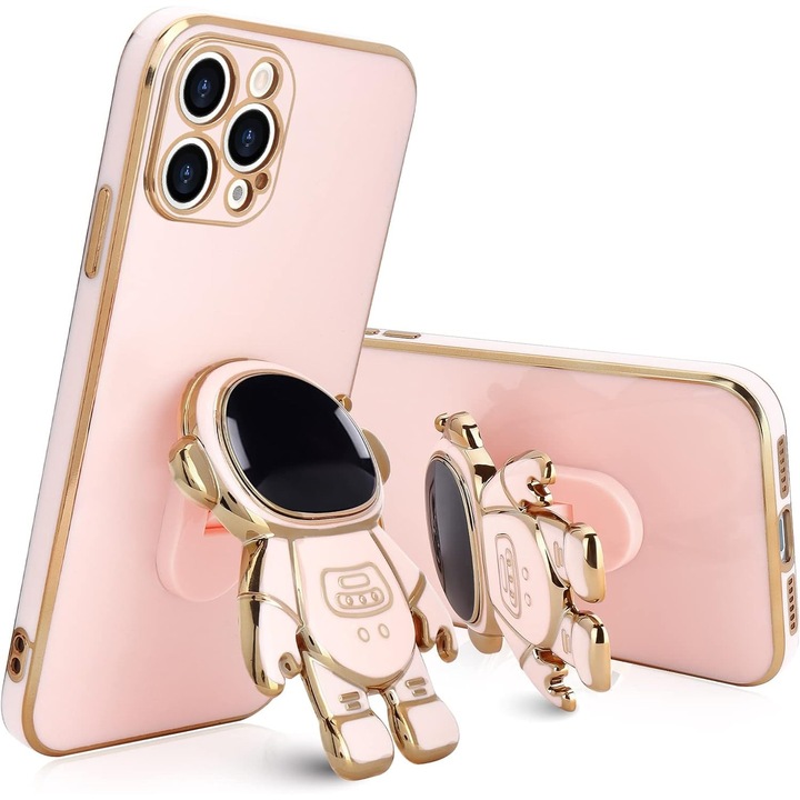 Husa de Protectie TPU 2in1, Flippy, pentru Apple iPhone 15 Pro, Astronaut cu Suport, Antisoc, Rezistenta la Impact, Protectie Camera, Roz