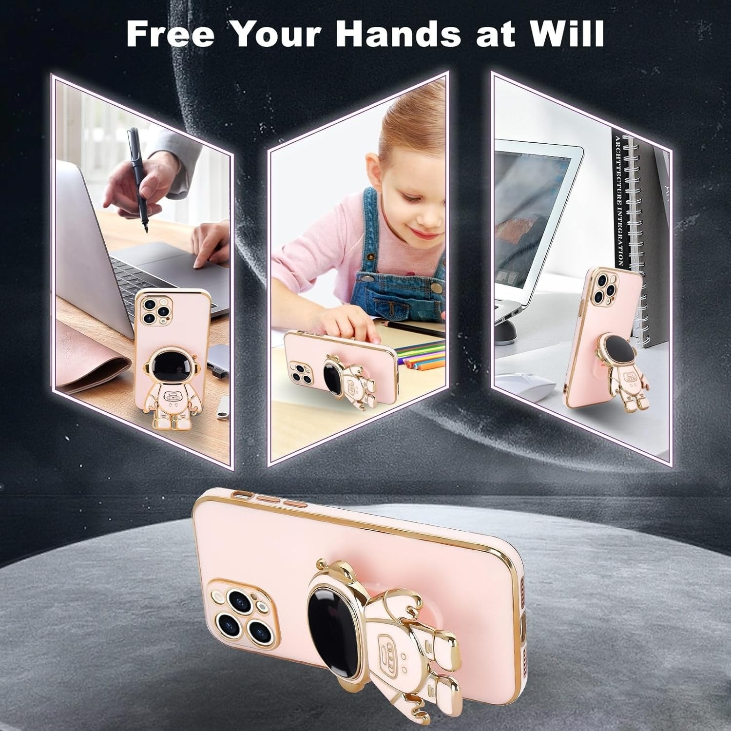Husa de Protectie TPU 2in1, Flippy, pentru Apple iPhone 15 Pro, Astronaut cu Suport, Antisoc, Rezistenta la Impact, Protectie Camera, Roz