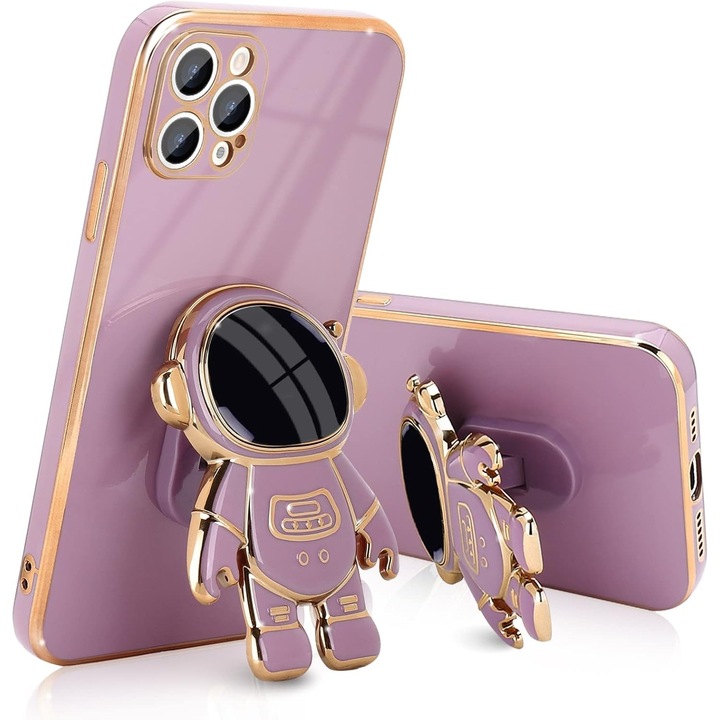 2 az 1-ben TPU védőtok, Flippy, Apple iPhone 14 Pro készülékhez, Astronaut állvánnyal, Ütésálló, Ütésálló, Kameravédelem, Lila