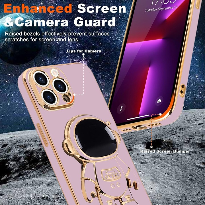 Husa de Protectie TPU 2in1, Southern Sky, pentru Apple iPhone 15 Pro Max, Astronaut cu Suport, Antisoc, Rezistenta la Impact, Aparare Camera, Mov
