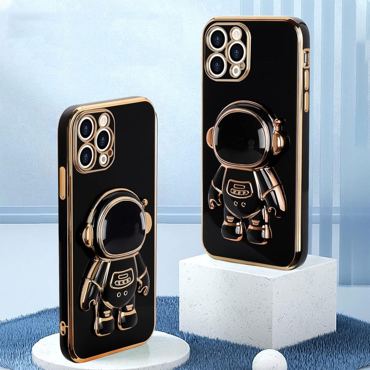 Husa de Protectie TPU 2in1, Southern Sky, pentru Apple iPhone 15 Pro, Astronaut cu Suport, Antisoc, Rezistenta la Impact, Protectie Camera, Negru