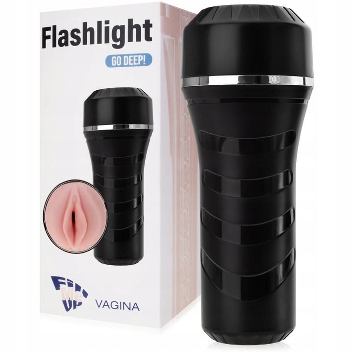 Mesterséges maszturbátor, Zseblámpa tubus, szívó hatású, finom anyagú, fekete ezüst elemekkel, 22x8,7x19cm
