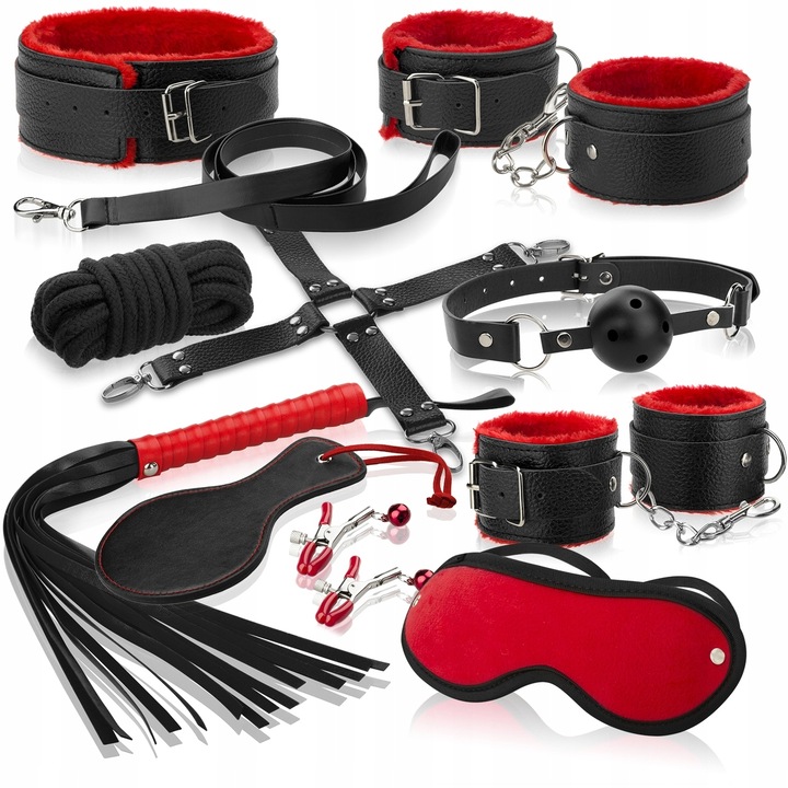 Set BDSM 12 elemente, piele ecologica cu detalii rosii, accesorii pentru dominare, lungime 22cm, 27cm, 43cm