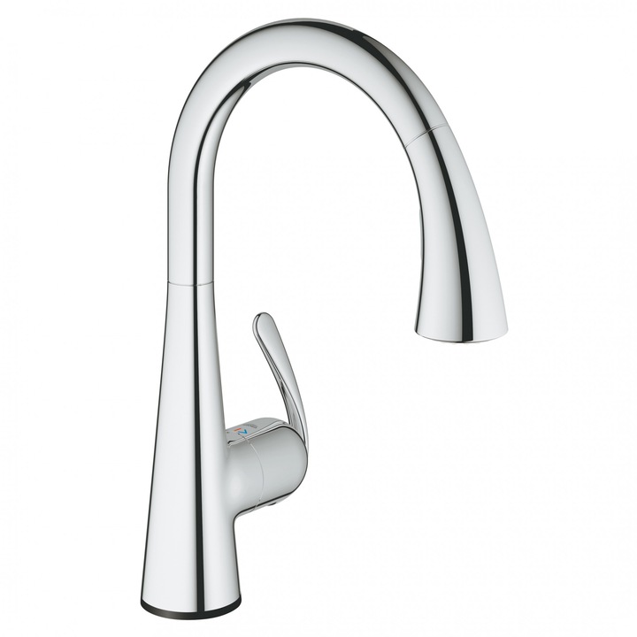Baterie bucatarie cu dus extractabil Grohe Zebra Touch, pipa cu touch pentru pornire/oprire, filtru ceramic, oprire automata, 2 tipuri dus, pivotanta, limitator debit, anti-calcar, crom