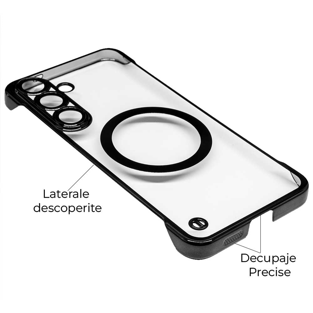 Husa FrameLess SILKASE pentru Samsung S25, MagSafe, plastic, negru/transparent