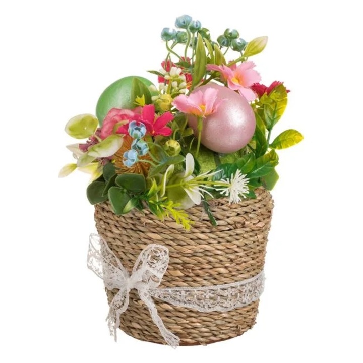 Ghiveci decorativ de Paste cu oua si flori, 20 cm