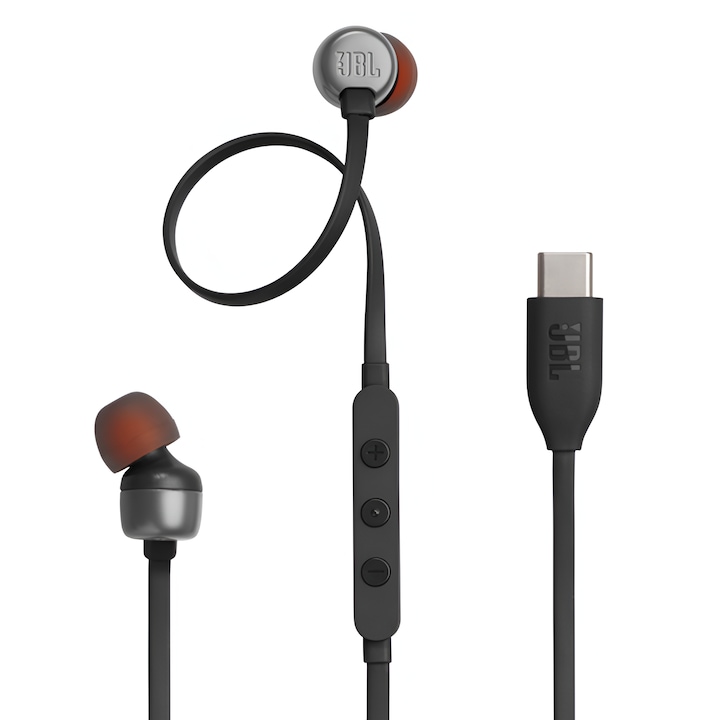 Casti In-Ear JBL Tune 310C USB-C, Sunet Premium JBL Pure Bass cu Certificare Hi-Res Audio, Compatibilitate Dispozitive USB-C, Microfon Integrat, Cablul Plat Anti-Incalceala, Negru