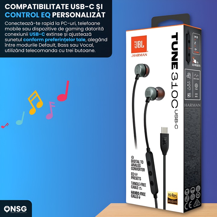 Casti In-Ear JBL Tune 310C USB-C, Sunet Premium JBL Pure Bass cu Certificare Hi-Res Audio, Compatibilitate Dispozitive USB-C, Microfon Integrat, Cablul Plat Anti-Incalceala, Negru