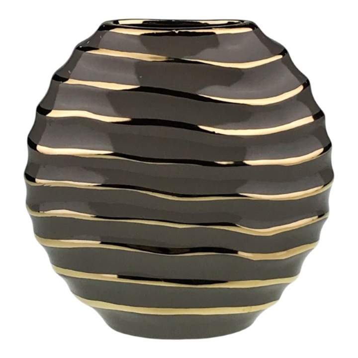 Vaza din ceramica, pe rotund, cu dungi orizontale 19X20 cm gri