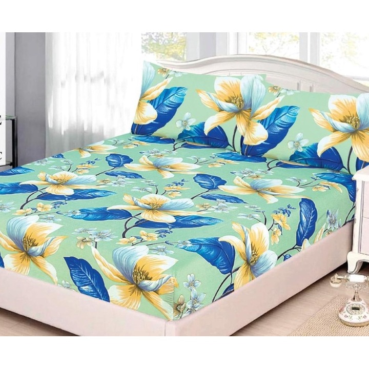 Husa de pat, 2 persoana, cu elastic, 3 piese, imprimeu floricele moderne, multicolor, 180x200 cm