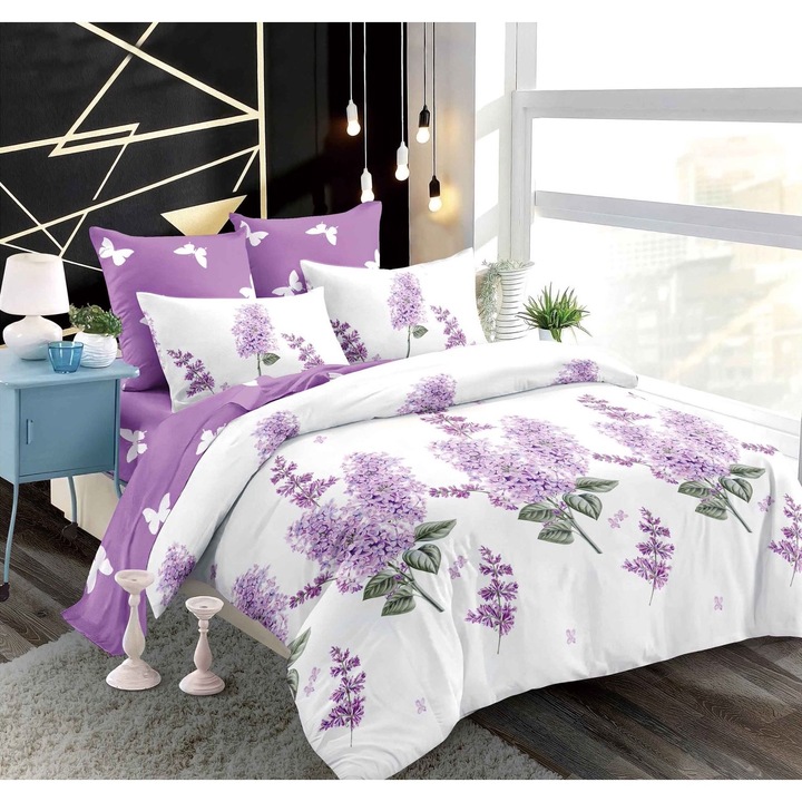 Set Lenjerie CHIRASO, FINET, pentru 2 persoane, 6 piese, Cearceaf de pat cu elastic 180 x 200 cm, Cearceaf pilota 200 x 230 cm, 2 fete de perna 70 x 70 cm, 2 fete de perna 55 x 80 cm, cu imprimeu flori de liliac si fluturi, alb-mov