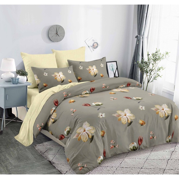 Set Lenjerie CHIRASO, FINET, pentru 2 persoane, 6 piese, Cearceaf de pat cu elastic 180 x 200 cm, Cearceaf pilota 200 x 230 cm, 2 fete de perna 70 x 70 cm, 2 fete de perna 55 x 80 cm, cu imprimeu flori, bej inchis-galben deschis