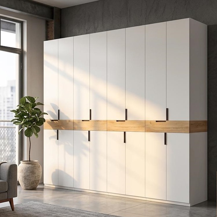 Dulap King 8sa Inalt, Alb / Stejar Gold, H 240 x L 320 x A 50 cm, cu 4 sertare, Balamale Soft close si Glisiere Hafele, PAL 18 mm