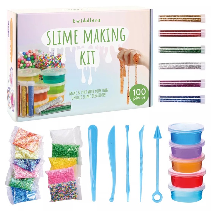 Kit de slime, cu 8 cutii de slime si 90+ accesorii, margele, sclipici, bile de spuma, ustensile slime