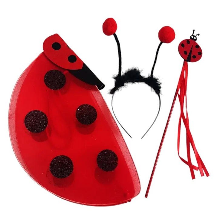 Set accesorii costum buburuza, 3 piese, marime universala, aripi, antene, bagheta, rosu cu negru