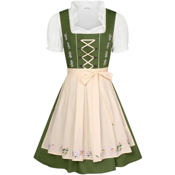 Oktoberfest jelmez, JASAMBAC, virágmintás, 3 részes szett - ruha, blúz és kötény, dirndl női, L-es méret, zöld / bézs