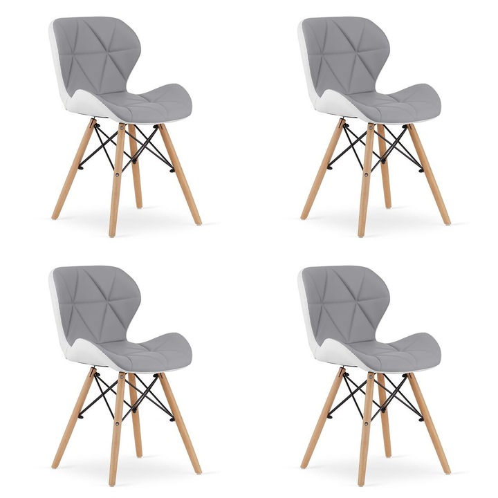 Set 4 scaune stil scandinav, Artool, Lago, piele ecologica gri si alba, picioare lemn natur, 47x52x73 cm