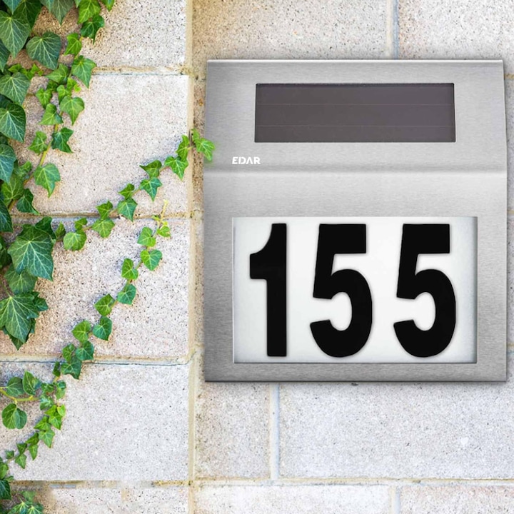 Numar De Casa Cu Incarcare Solara EDAR, Din Inox, Lumina Prin LED, Acumulator Reincarcabil, Senzor Amurg, 3 x Numere 0-9, 1 x Litere Mici a-h, 18x20x3 cm, Argintiu