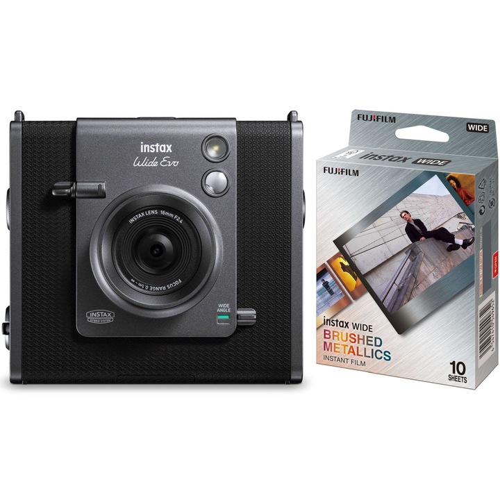 Fujifilm Instax Wide Evo Instant Camera, черен + широк 1x10 матов метален филм