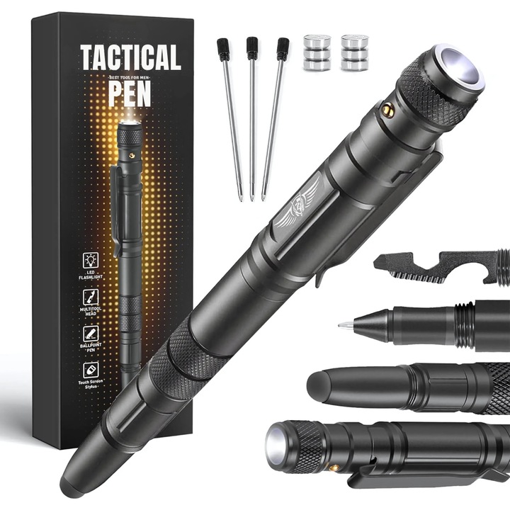 Pix tactic multifunctional Promerco®, design inovativ pentru autoaparare/situatii de urgenta, lanterna LED/sparge de sticla/deschizator de sticle/cheie hexagonala, 162 x 13 mm, negru