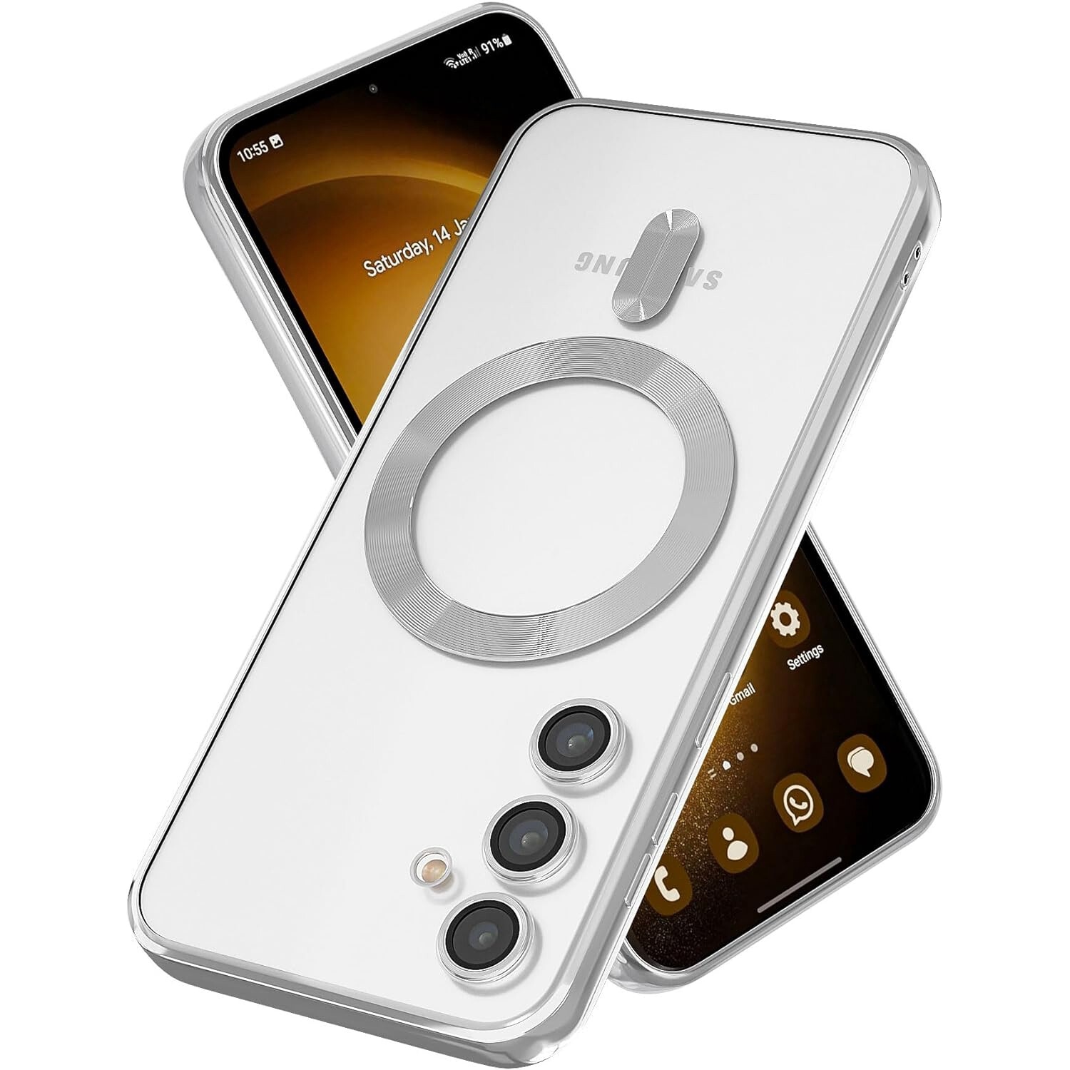 Husa compatibila cu Samsung Galaxy S25, ALC MOBILE, pentru telefon mobil cu protectie pentru camera, Tehnologie MagSafe, rezistenta la socuri, contur Silver