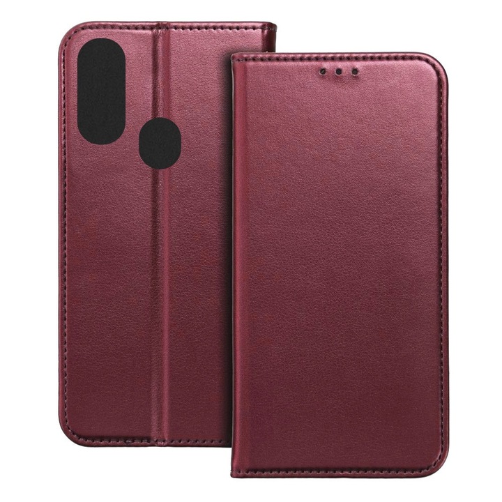 Husa pentru Samsung Galaxy A20e, Piele ecologica, Premium PU Leather Book, Buzunar card, Inchidere magnetica, Functie stand / suport, Decupaj difuzor apeluri, Acoperire completa 360 de grade, Protectie fata-spate, Tip carte, Visiniu