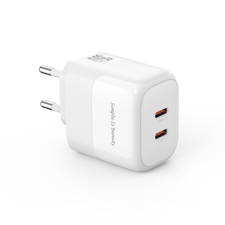 Зарядно устройство 220V XO 35W, 2xUSB-C, PD GaN Nitride L140, бяло