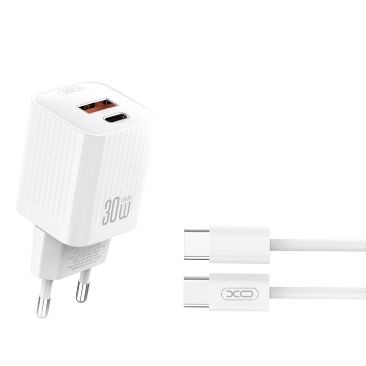 Incarcator de retea 220V XO 30W, USB-C/PD + USB-A/QC L149 + cablu C-C, alb