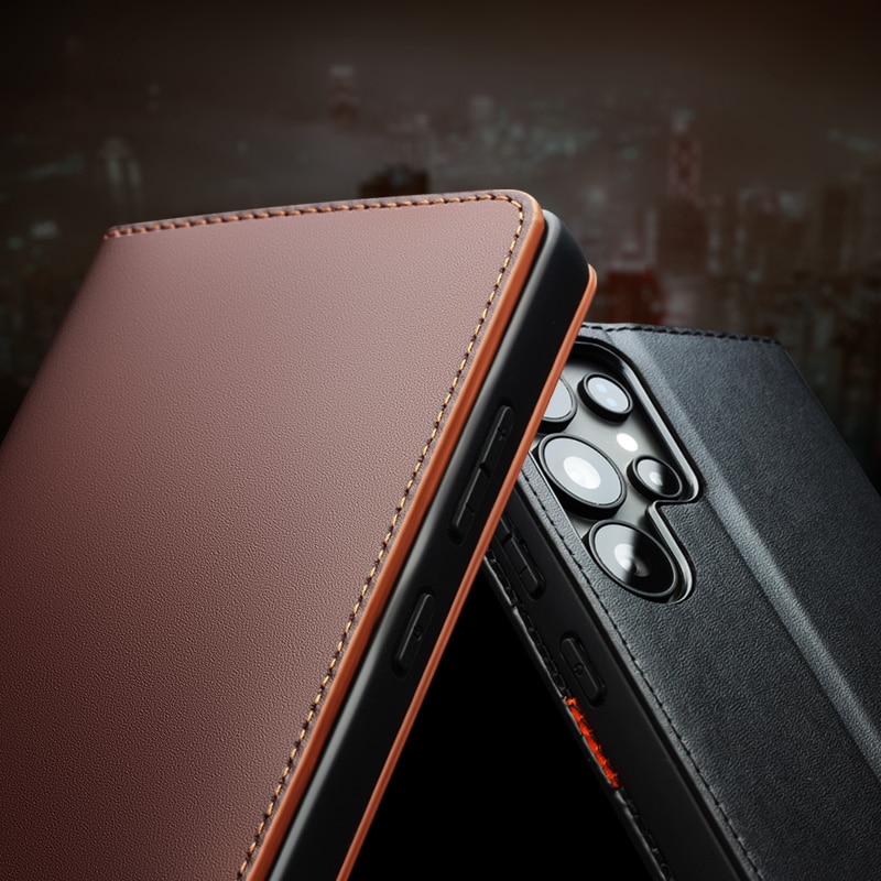 Husa pentru Samsung Galaxy S25 Ultra din piele naturala, tip carte, cu buzunare carduri si bani, functie stand, Qialino Business Wallet, Maro coffee