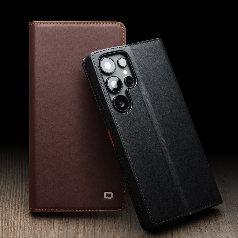Husa pentru Samsung Galaxy S25 Ultra din piele naturala, tip carte, cu buzunare carduri si bani, functie stand, Qialino Business Wallet, Maro coffee