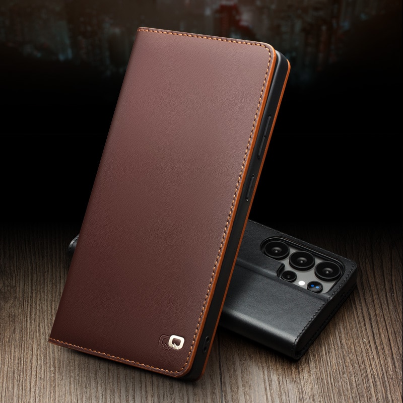 Husa pentru Samsung Galaxy S25 Ultra din piele naturala, tip carte, cu buzunare carduri si bani, functie stand, Qialino Business Wallet, Maro coffee