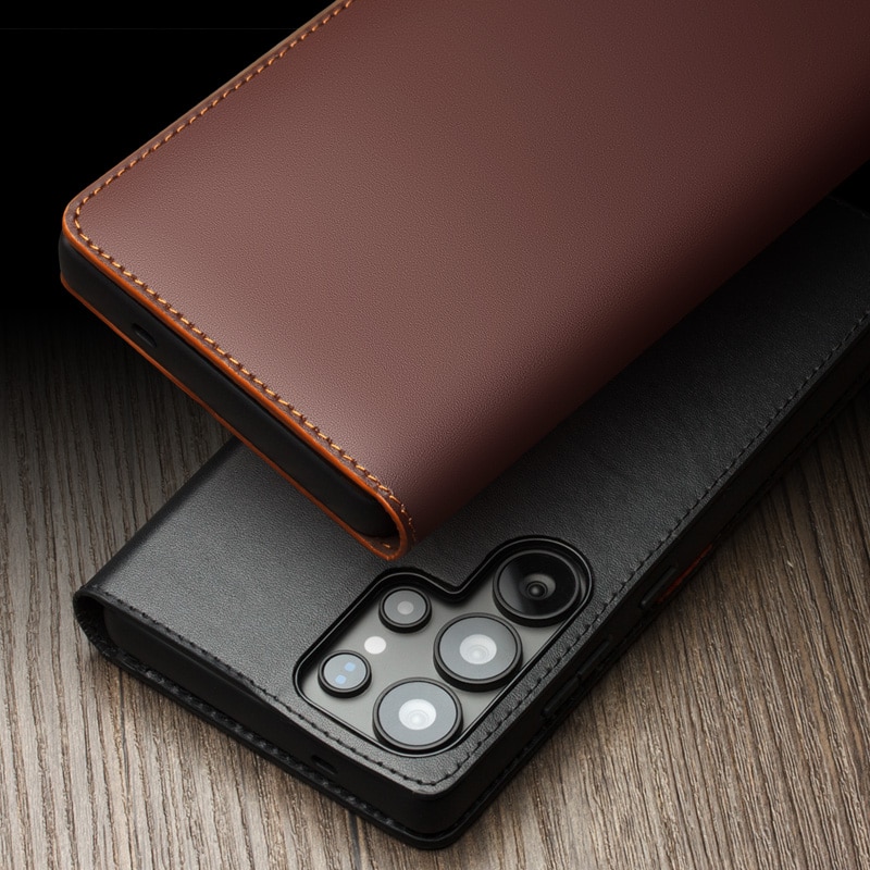 Husa pentru Samsung Galaxy S25 Ultra din piele naturala, tip carte, cu buzunare carduri si bani, functie stand, Qialino Business Wallet, Maro coffee