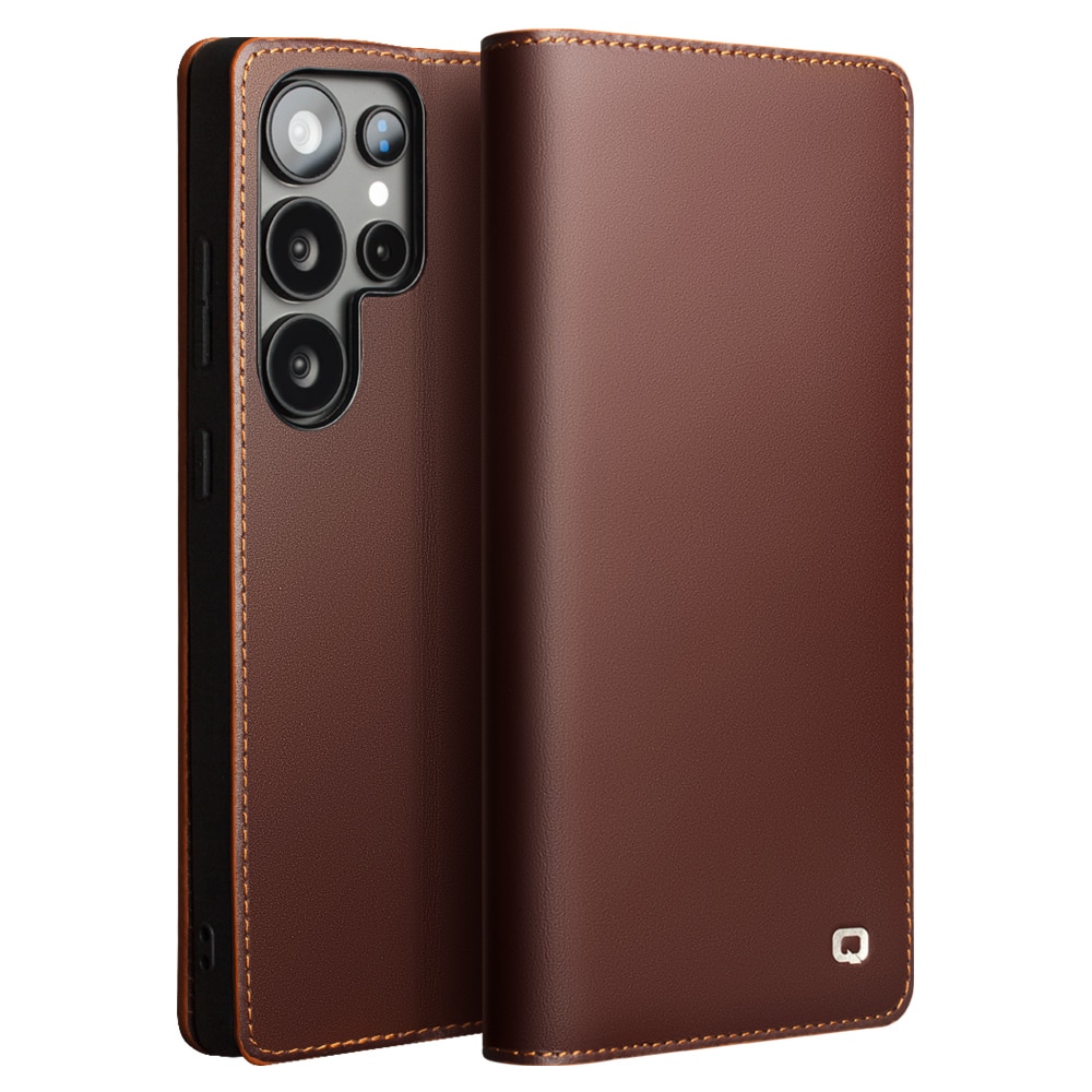 Husa pentru Samsung Galaxy S25 Ultra din piele naturala, tip carte, cu buzunare carduri si bani, functie stand, Qialino Business Wallet, Maro coffee