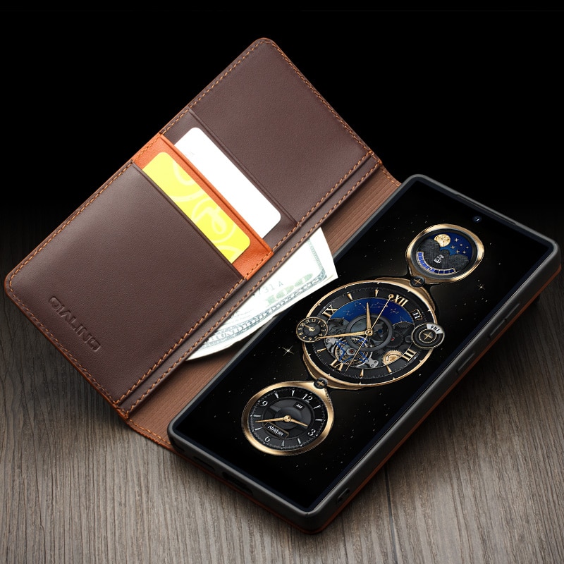 Husa pentru Samsung Galaxy S25 Ultra din piele naturala, tip carte, cu buzunare carduri si bani, functie stand, Qialino Business Wallet, Maro coffee