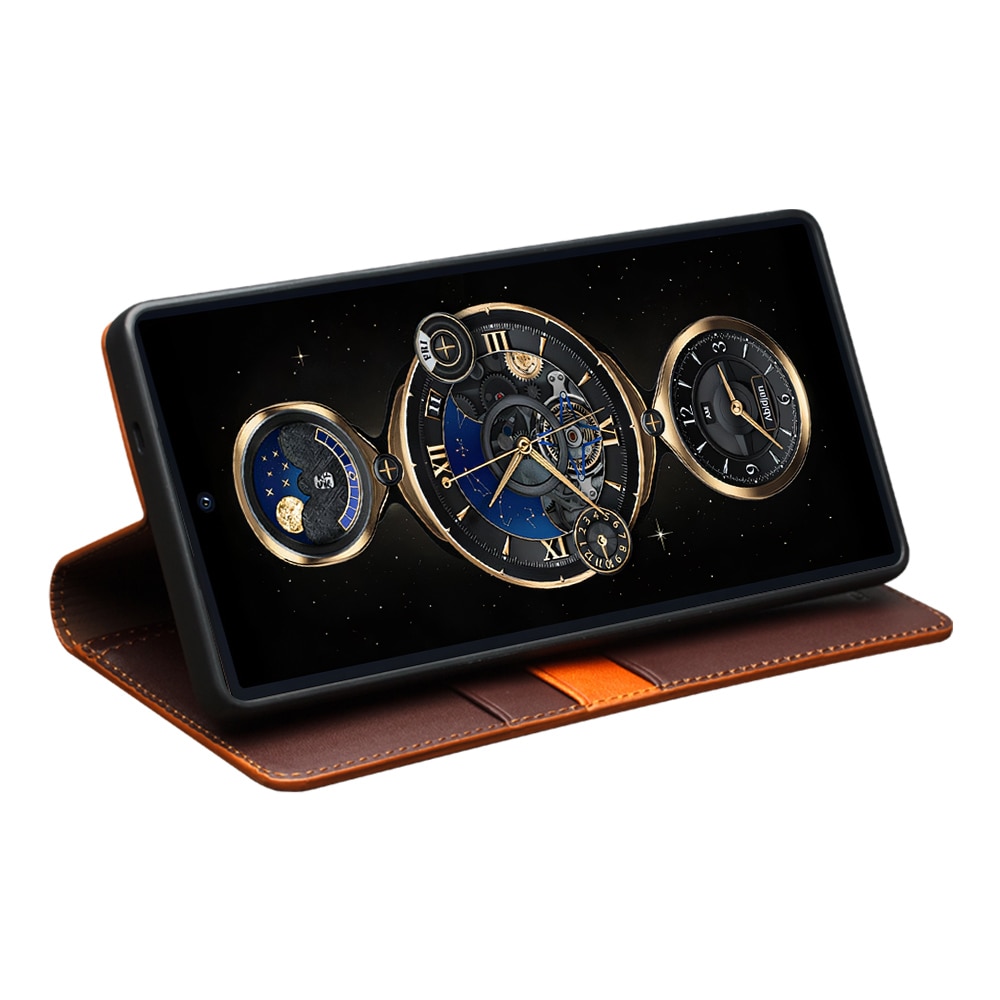 Husa pentru Samsung Galaxy S25 Ultra din piele naturala, tip carte, cu buzunare carduri si bani, functie stand, Qialino Business Wallet, Maro coffee