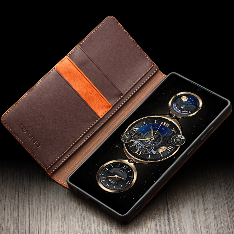 Husa pentru Samsung Galaxy S25 Ultra din piele naturala, tip carte, cu buzunare carduri si bani, functie stand, Qialino Business Wallet, Maro coffee
