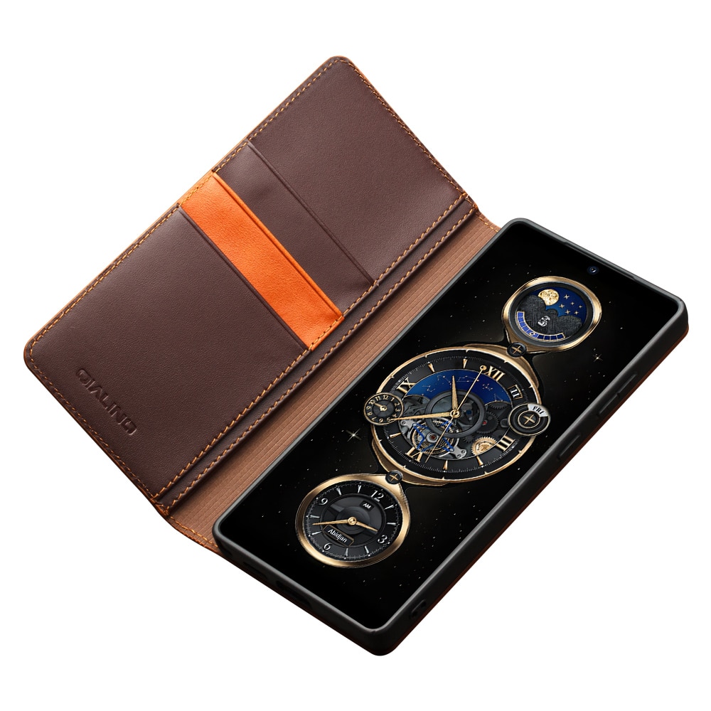 Husa pentru Samsung Galaxy S25 Ultra din piele naturala, tip carte, cu buzunare carduri si bani, functie stand, Qialino Business Wallet, Maro coffee