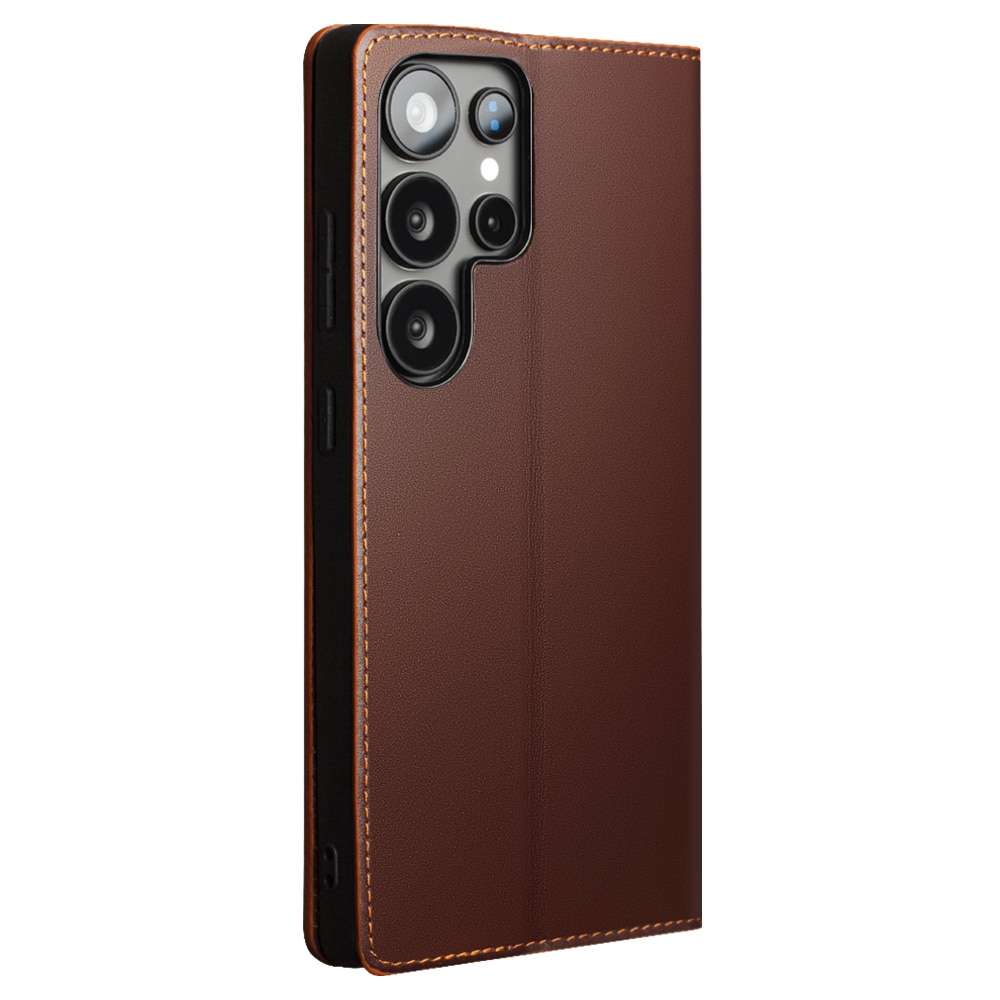 Husa pentru Samsung Galaxy S25 Ultra din piele naturala, tip carte, cu buzunare carduri si bani, functie stand, Qialino Business Wallet, Maro coffee