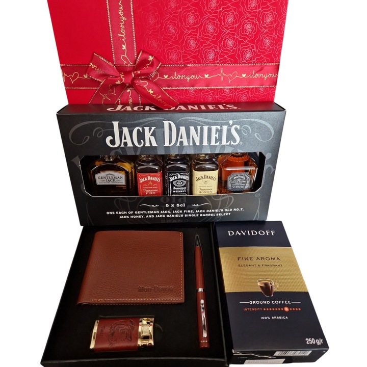 Pachet cadou pentru barbati cu Portofel, bricheta si pix maro, Set Jack Daniel`s, cutie decorativa