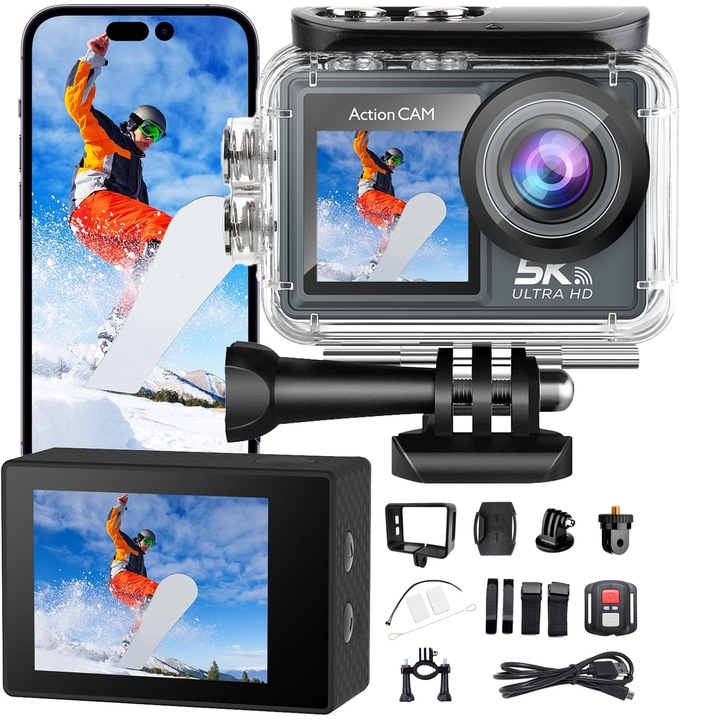 Екшън камера-Cam 5K Ultra HD, 2.4Ghz, дистанционно управление 15m, Микрофон, WiFi функция, Широк ъгъл 170°, USB-C, Multi Mode Photography, Подводно заснемане 30m дълбочина