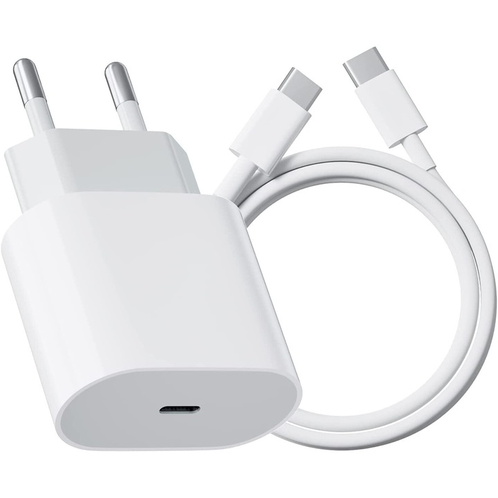 Зарядно устройство, съвместимо с iPhone 15/16/Pro/Pro Max/Plus/iPad/AirPods, кабел за данни тип C, бързо зареждане 20W, опаковка на Apple, бяло