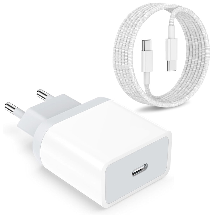 Incarcator compatibil cu iPhone 16/15/Pro/Pro Max/Plus/iPad/AirPods, cablu de date type C, Fast charge 20W, ambalaj Apple, Alb