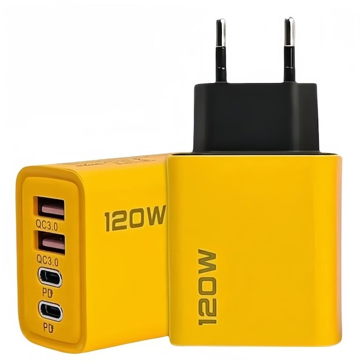 Töltő adapter, 120W, 4 port, 2 USB + 2 C típusú, gyors töltés, USB mobiltelefonhoz, sárga/fekete