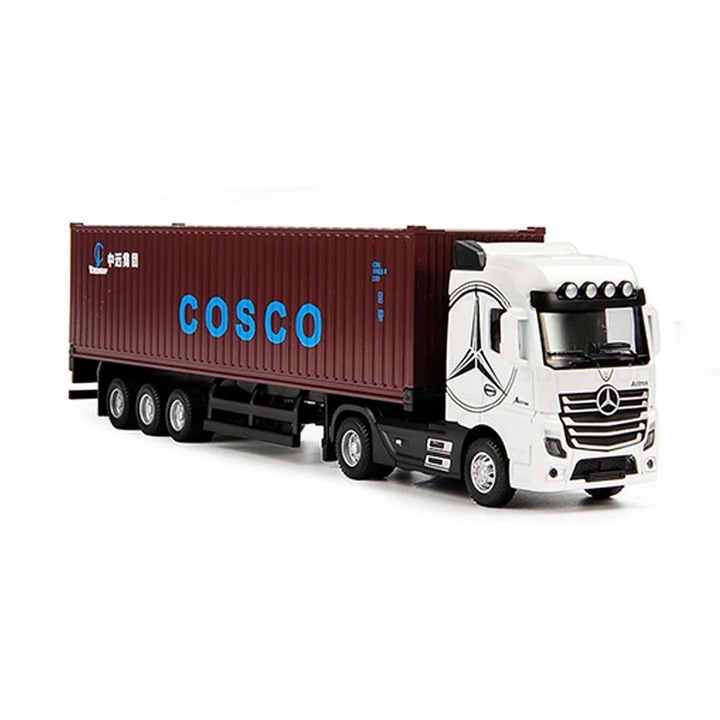 Tir Mercedes Actros macheta, metalic, container cu leduri si sunete scala 1/36 maro