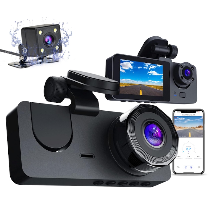 Triple Dash Cam DVR, преден/вътрешен/заден, Wi-Fi, Full HD, 170° ъгъл, режим на паркиране, сензор за движение, 2" дисплей, G-сензор, X15, easyCTRL®