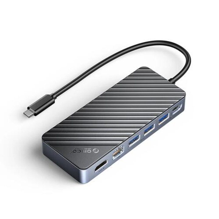 Докинг станция, Orico OM28PR-G2-BK, Portable Docking station M.2 SATA/NVMe - HDMI, USB3.2-A x 1, USB-C (10Gbps) x 1, USB-C (PD100W), USB2.0-A x 2, LAN