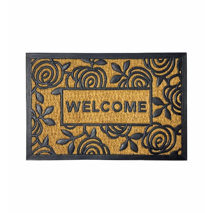 Lábtörlő, kókuszrost és gumi, virágmintás - 60x40 cm