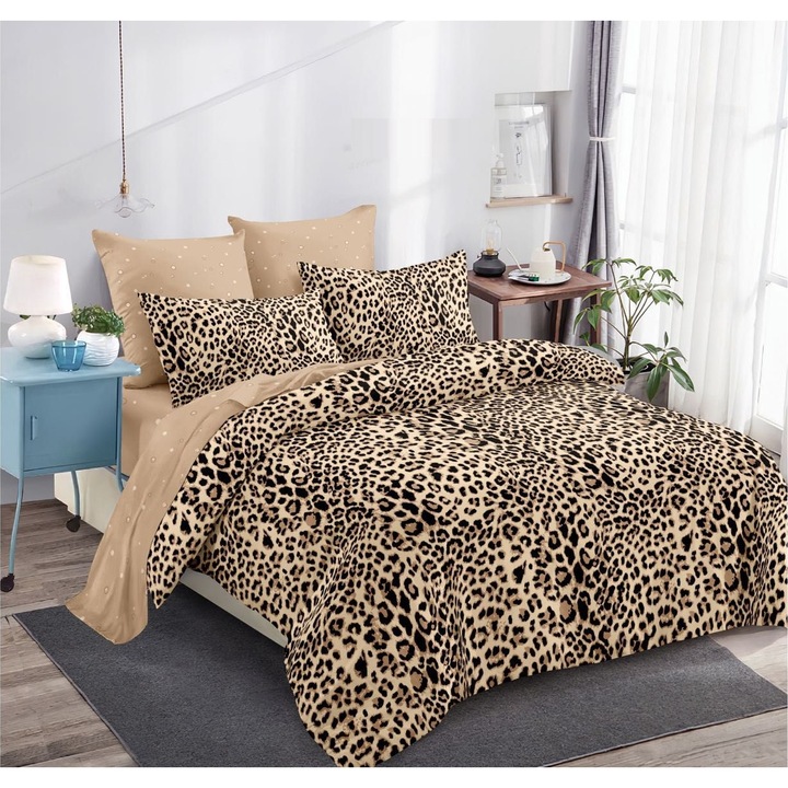 Set Lenjerie CHIRASO, FINET, pentru 2 persoane, 6 piese: Cearceaf de pat cu elastic 180 x 200 cm, Cearceaf pilota 200 x 230 cm, 2 fete de perna 70 x 70 cm, 2 fete de perna 55 x 80 cm, cu imprimeu animal print, maro-maro deschis