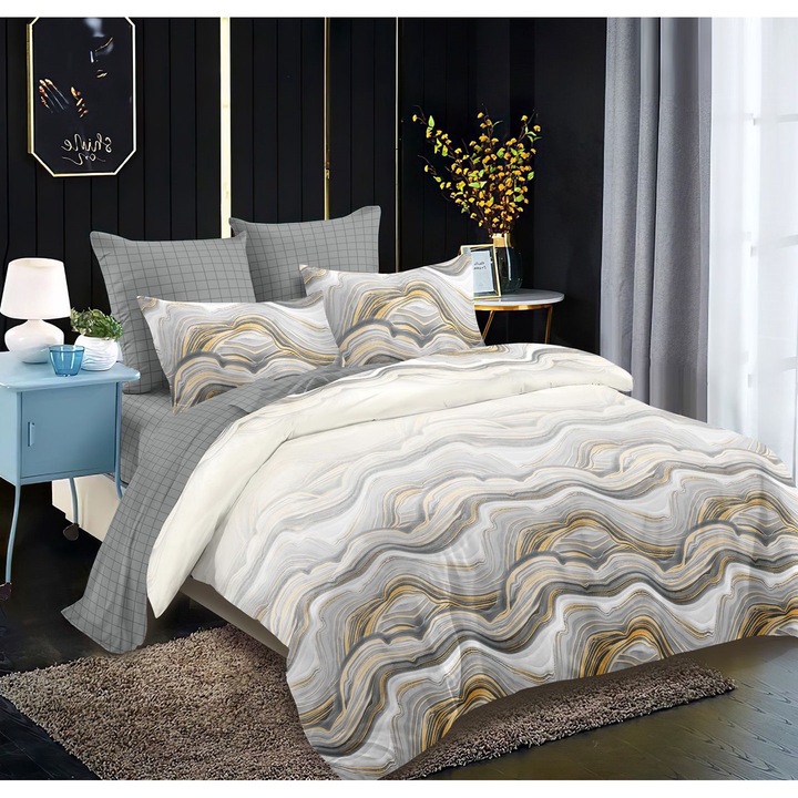 Set Lenjerie CHIRASO, FINET, pentru 2 persoane, 6 piese: Cearceaf de pat cu elastic 180 x 200 cm, Cearceaf pilota 200 x 230 cm, 2 fete de perna 70 x 70 cm, 2 fete de perna 55 x 80 cm, cu imprimeu abstract, crem-gri deschis